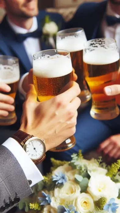 groom doing cheers with glass of bear